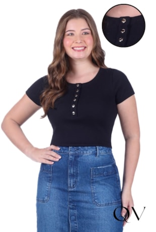 BLUSA EM MALHA CANELADA MANGA CURTA PRETO - HAPUK