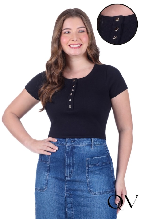 BLUSA EM MALHA CANELADA MANGA CURTA PRETO - HAPUK