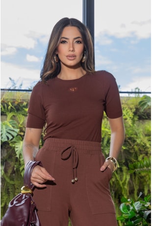 BLUSA EM MALHA CANELADA MARROM - LUZIA FAZZOLLI