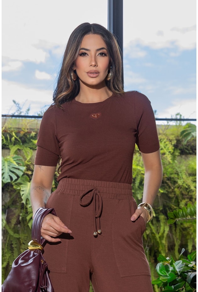 BLUSA EM MALHA CANELADA MARROM - LUZIA FAZZOLLI