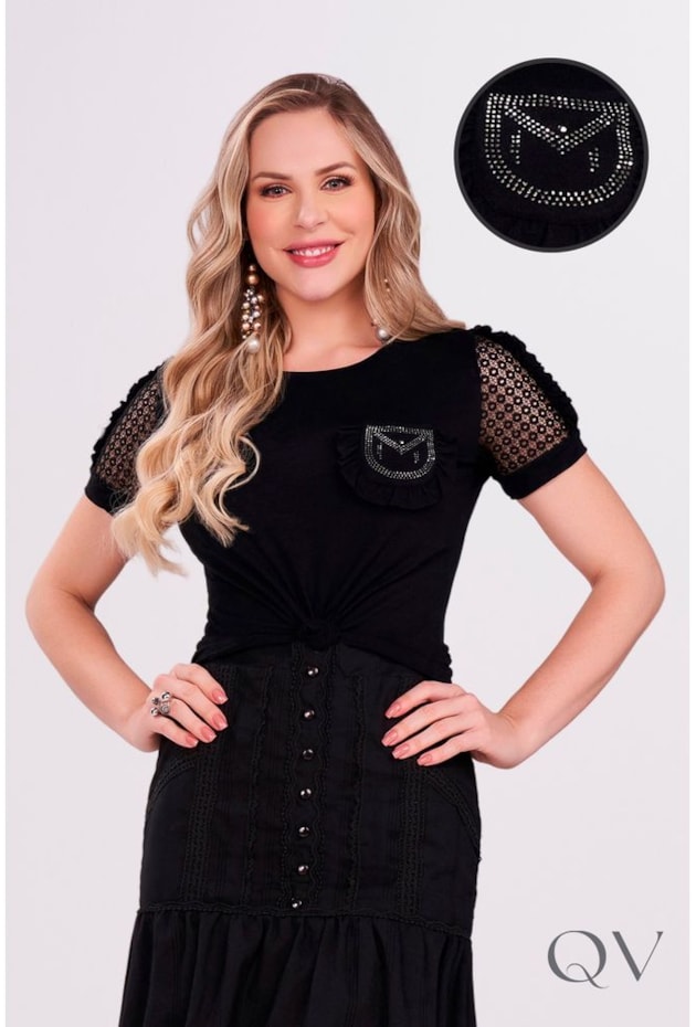 BLUSA EM MALHA COM STRASS PRETA - FASCÍNIUS