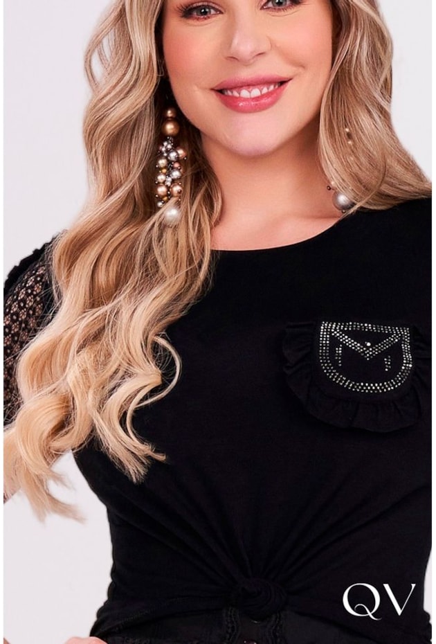 BLUSA EM MALHA COM STRASS PRETA - FASCÍNIUS BLUSA EM MALHA COM STRASS PRETA - FASCÍNIUS