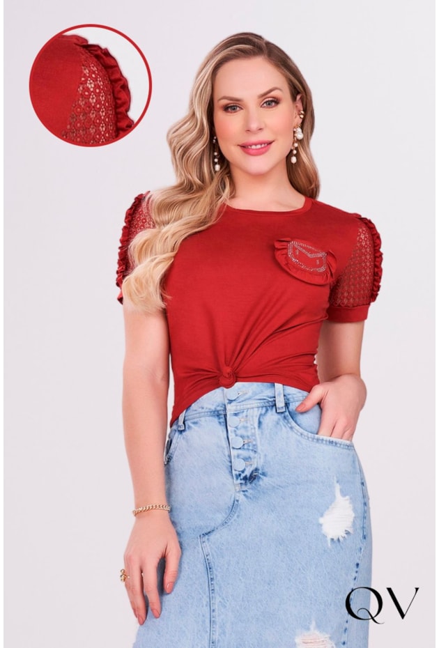 BLUSA EM MALHA COM STRASS TERRACOTA - FASCÍNIUS BLUSA EM MALHA COM STRASS TERRACOTA - FASCÍNIUS