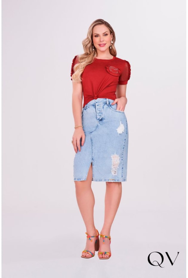 BLUSA EM MALHA COM STRASS TERRACOTA - FASCÍNIUS BLUSA EM MALHA COM STRASS TERRACOTA - FASCÍNIUS