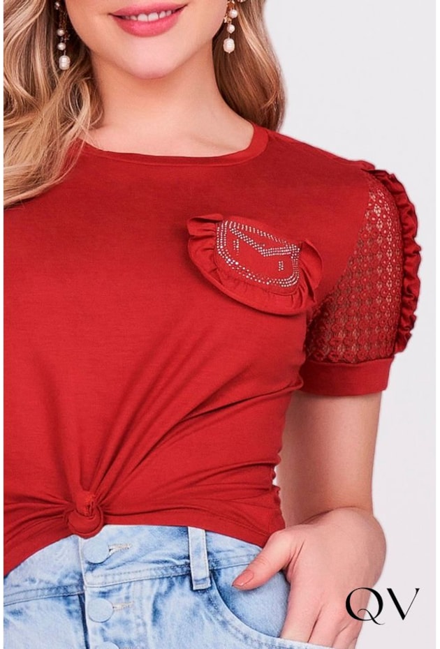 BLUSA EM MALHA COM STRASS TERRACOTA - FASCÍNIUS BLUSA EM MALHA COM STRASS TERRACOTA - FASCÍNIUS