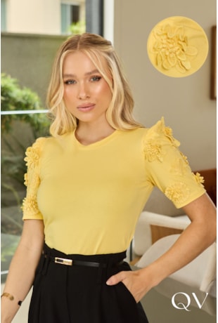 BLUSA EM MALHA CONFORT GUIPIR NA MANGA AMARELO - DOCE MARIA