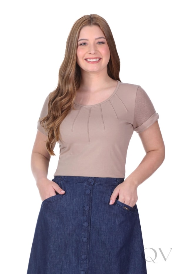 BLUSA EM MALHA COTTON E TEXTURIZADA COM ASPECTO DE TRICÔ BEGE - HAPUK