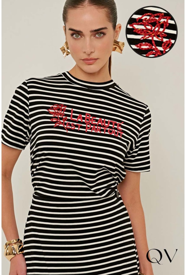 BLUSA EM MALHA DE VISCOSE LISTRADO PRETO - LINDA DE MORRER BLUSA EM MALHA DE VISCOSE LISTRADO PRETO - LINDA DE MORRER