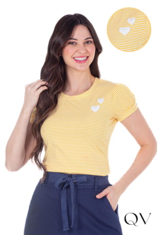 BLUSA EM MALHA LISTRADA EM APLIQUE DE CORAÇÕES AMARELO - HAPUK