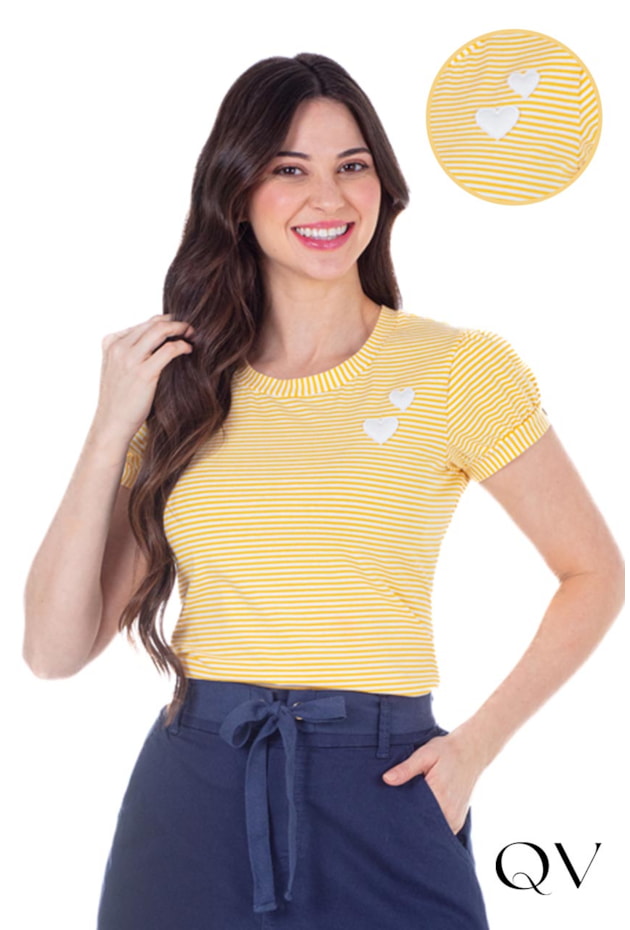 BLUSA EM MALHA LISTRADA EM APLIQUE DE CORAÇÕES AMARELO - HAPUK