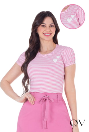 BLUSA EM MALHA LISTRADA EM APLIQUE DE CORAÇÕES ROSA - HAPUK