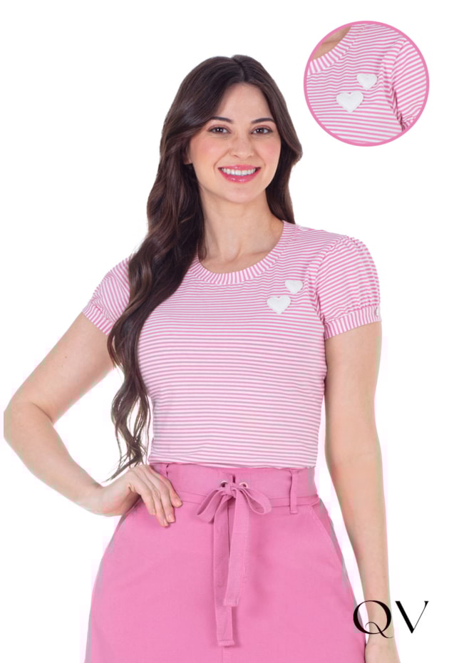 BLUSA EM MALHA LISTRADA EM APLIQUE DE CORAÇÕES ROSA - HAPUK