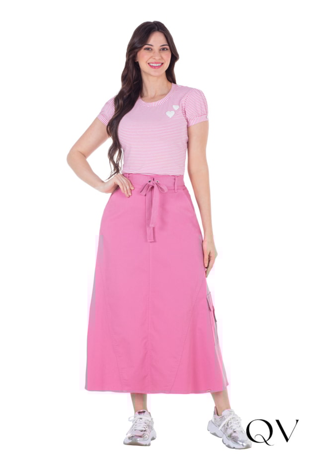 BLUSA EM MALHA LISTRADA EM APLIQUE DE CORAÇÕES ROSA - HAPUK