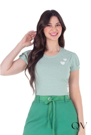 BLUSA EM MALHA LISTRADA EM APLIQUE DE CORAÇÕES VERDE - HAPUK