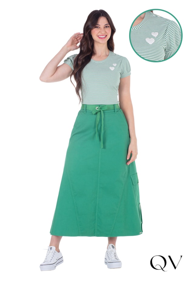 BLUSA EM MALHA LISTRADA EM APLIQUE DE CORAÇÕES VERDE - HAPUK