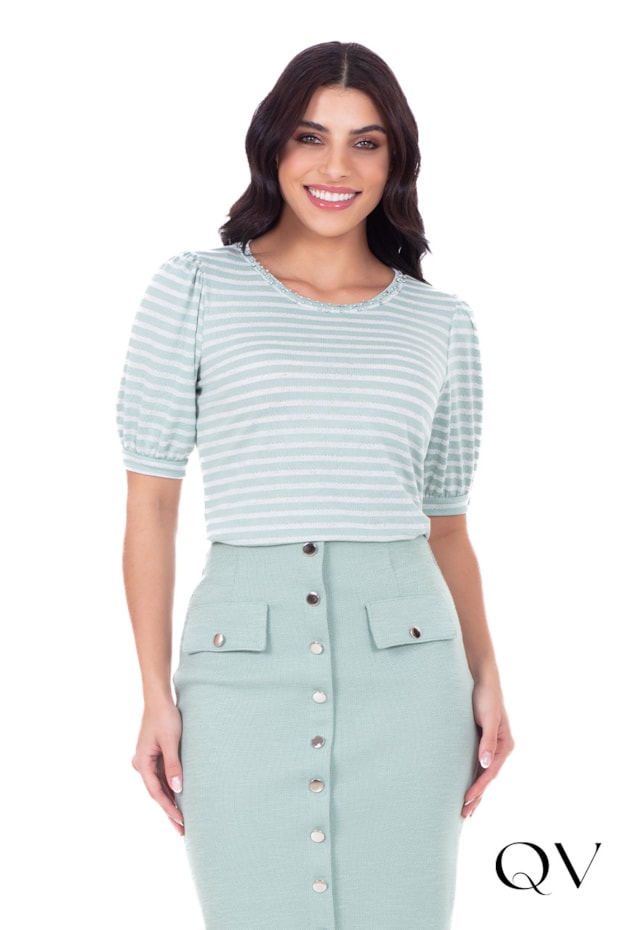 BLUSA EM MALHA LISTRADO DECOTE COM BORDADO VERDE - HAPUK BLUSA EM MALHA LISTRADO DECOTE COM BORDADO VERDE - HAPUK
