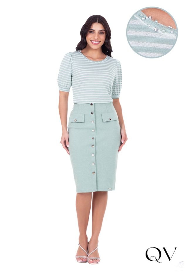 BLUSA EM MALHA LISTRADO DECOTE COM BORDADO VERDE - HAPUK BLUSA EM MALHA LISTRADO DECOTE COM BORDADO VERDE - HAPUK