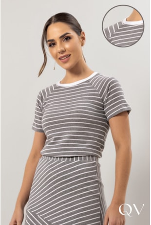 BLUSA EM MALHA MANGA RAGLAN LISTRADO CINZA - LAURA ROSA
