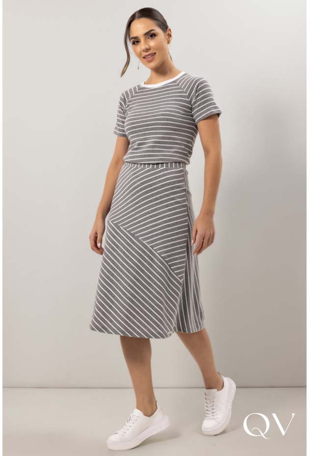 BLUSA EM MALHA MANGA RAGLAN LISTRADO CINZA - LAURA ROSA