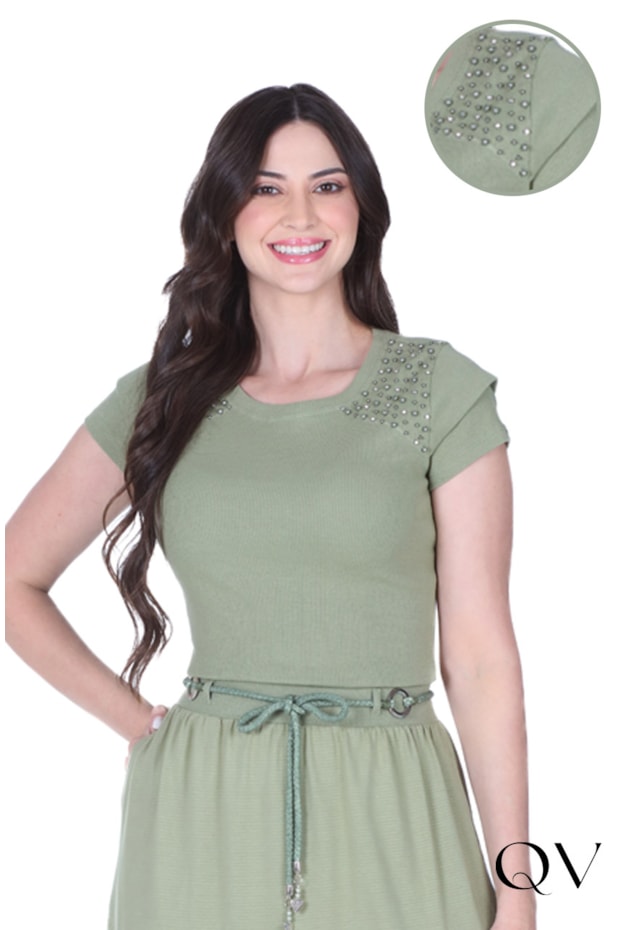 BLUSA EM MALHA RIBANA BORDADO VERDE - HAPUK