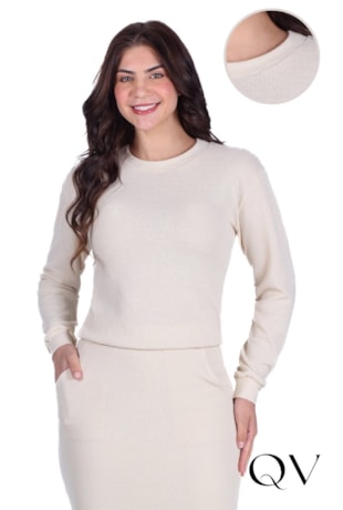BLUSA EM MALHA RIBANA COM DECOTE REDONDO BEGE - HAPUK