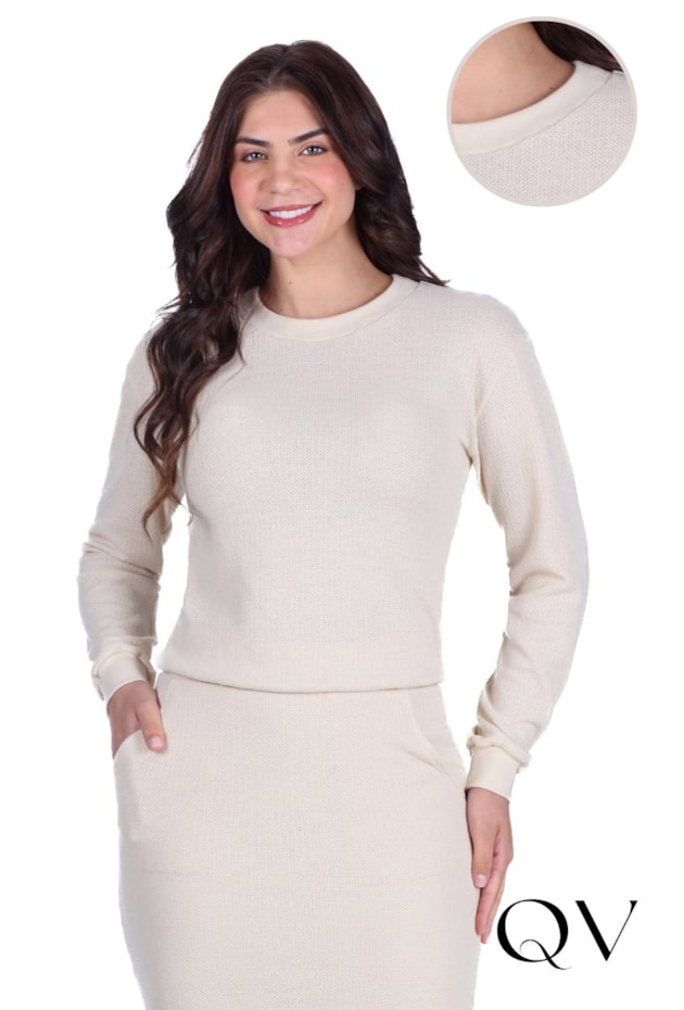 BLUSA EM MALHA RIBANA COM DECOTE REDONDO BEGE - HAPUK