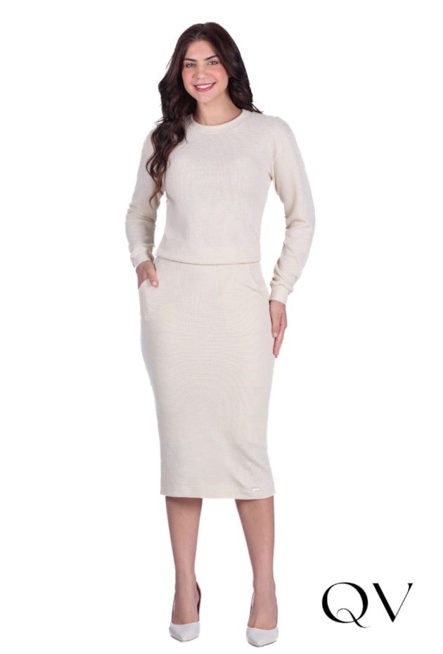 BLUSA EM MALHA RIBANA COM DECOTE REDONDO BEGE - HAPUK