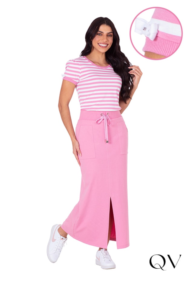 BLUSA EM MALHA RIBANA LISTRADO ROSA - HAPUK