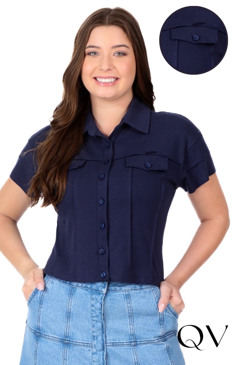 Blusa Em Malha Suedine E Ribana Azul Marinho Hapuk QVestido - Moda