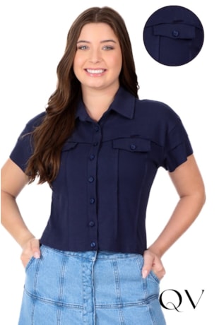 BLUSA EM MALHA SUEDINE E RIBANA AZUL MARINHO - HAPUK
