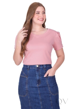 BLUSA EM MALHA SUEDINE TEXTURIZADA EM LISTRAS E RIBANA ROSA - HAPUK