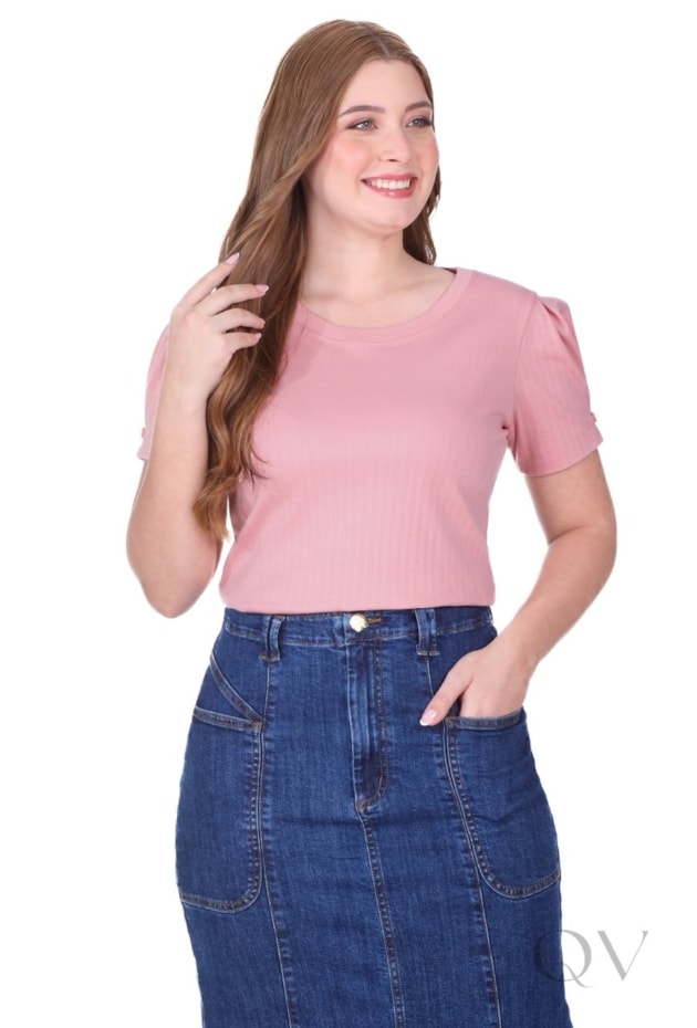BLUSA EM MALHA SUEDINE TEXTURIZADA EM LISTRAS E RIBANA ROSA - HAPUK