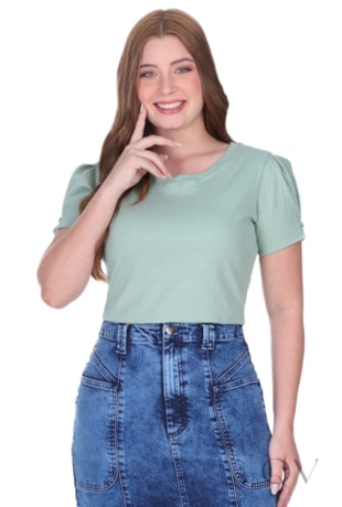 BLUSA EM MALHA SUEDINE TEXTURIZADA EM LISTRAS E RIBANA VERDE - HAPUK