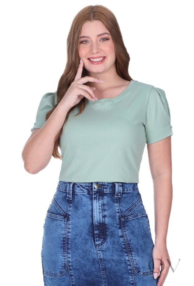 BLUSA EM MALHA SUEDINE TEXTURIZADA EM LISTRAS E RIBANA VERDE - HAPUK