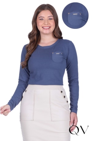 BLUSA EM MALHA TEXTURIZADA COM BOLSO FRONTAL AZUL - HAPUK