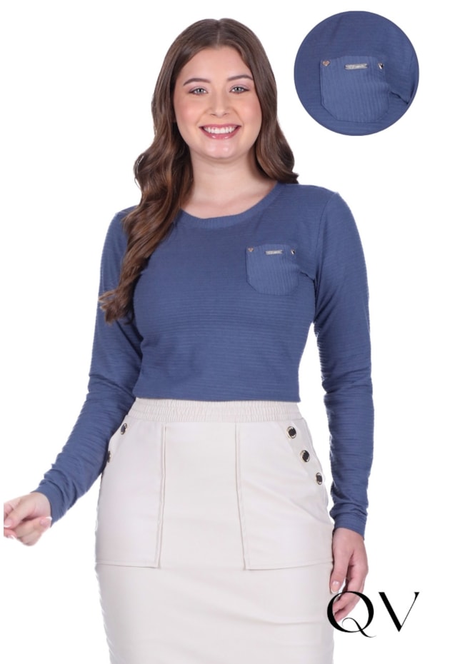BLUSA EM MALHA TEXTURIZADA COM BOLSO FRONTAL AZUL - HAPUK