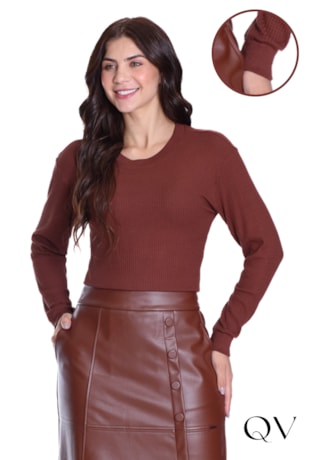 BLUSA EM MALHA TEXTURIZADA E RIBANA MARROM - HAPUK
