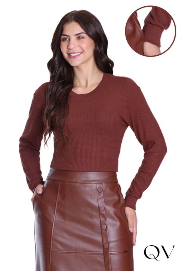BLUSA EM MALHA TEXTURIZADA E RIBANA MARROM - HAPUK