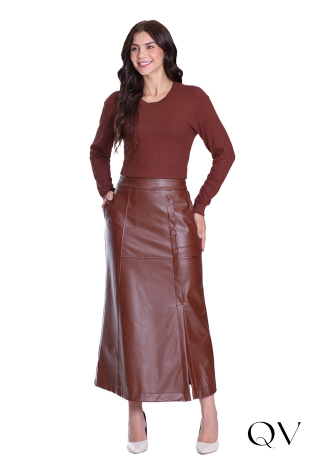BLUSA EM MALHA TEXTURIZADA E RIBANA MARROM - HAPUK