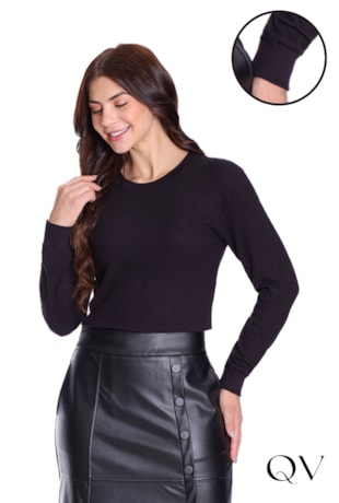 BLUSA EM MALHA TEXTURIZADA E RIBANA PRETO - HAPUK
