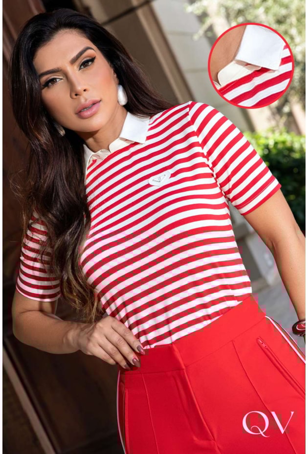 BLUSA EM MALHA VISCOLYCRA POLO COM GOLA VERMELHO - LUZIA FAZZOLLI BLUSA EM MALHA VISCOLYCRA POLO COM GOLA VERMELHO - LUZIA FAZZOLLI