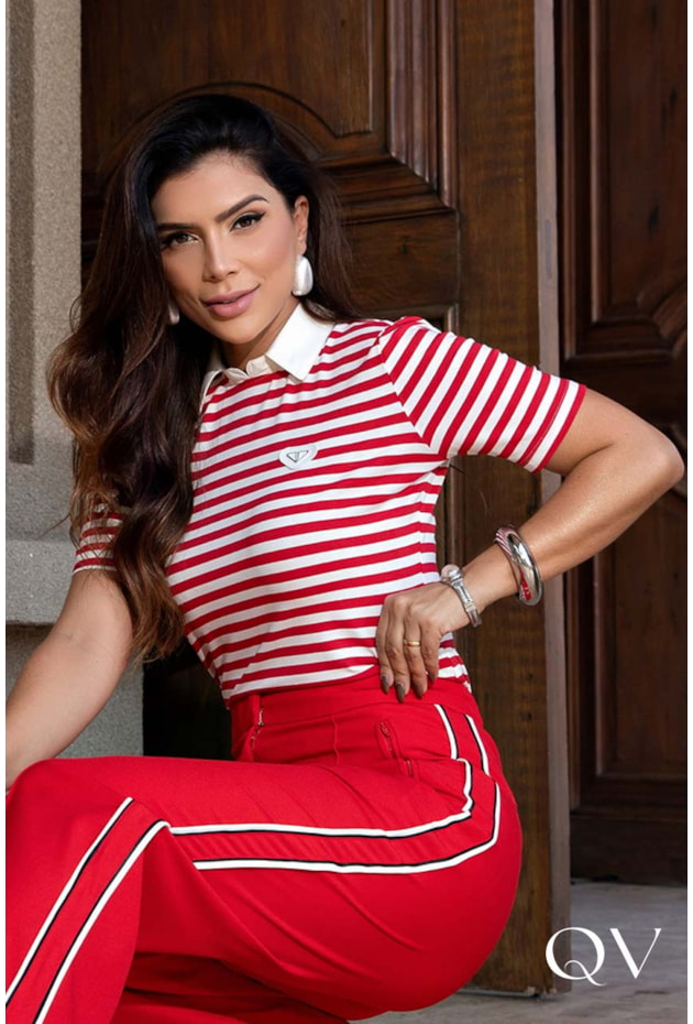 BLUSA EM MALHA VISCOLYCRA POLO COM GOLA VERMELHO - LUZIA FAZZOLLI