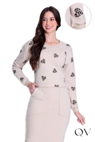 BLUSA EM MOLECOTTON E RIBANA ESTAMPA DE CORAÇÃO BEGE - HAPUK