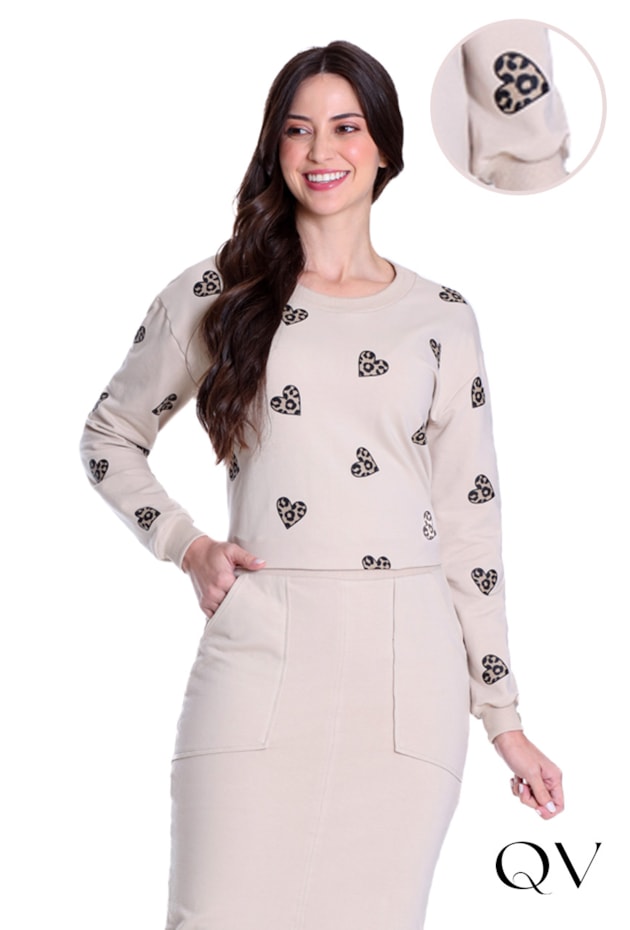 BLUSA EM MOLECOTTON E RIBANA ESTAMPA DE CORAÇÃO BEGE - HAPUK