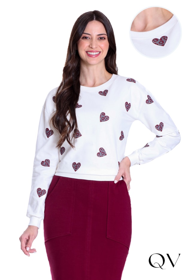 BLUSA EM MOLECOTTON E RIBANA ESTAMPA DE CORAÇÃO OFF - HAPUK