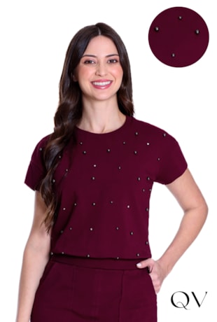 BLUSA EM MOLETINHO E RIBANA EM PÉROLAS DE PINO BORDÔ - HAPUK