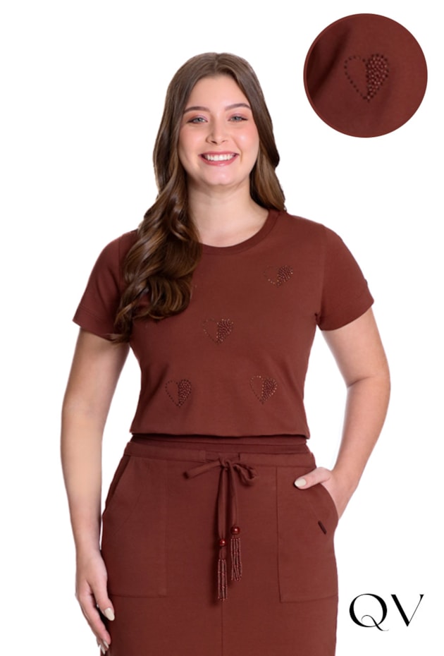 BLUSA EM MOLETINHO TERMOCOLANTE BORDADO MANUAL MARROM - HAPUK