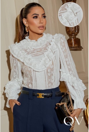 BLUSA EM RENDA COM BABADOS OFF - LUZIA FAZZOLLI
