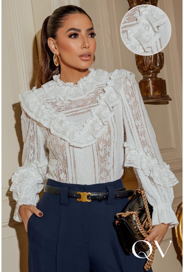 BLUSA EM RENDA COM BABADOS OFF - LUZIA FAZZOLLI