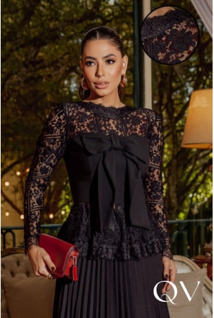 BLUSA EM RENDA E CHIFFON COM LAÇO PRETO - LUZIA FAZZOLLI